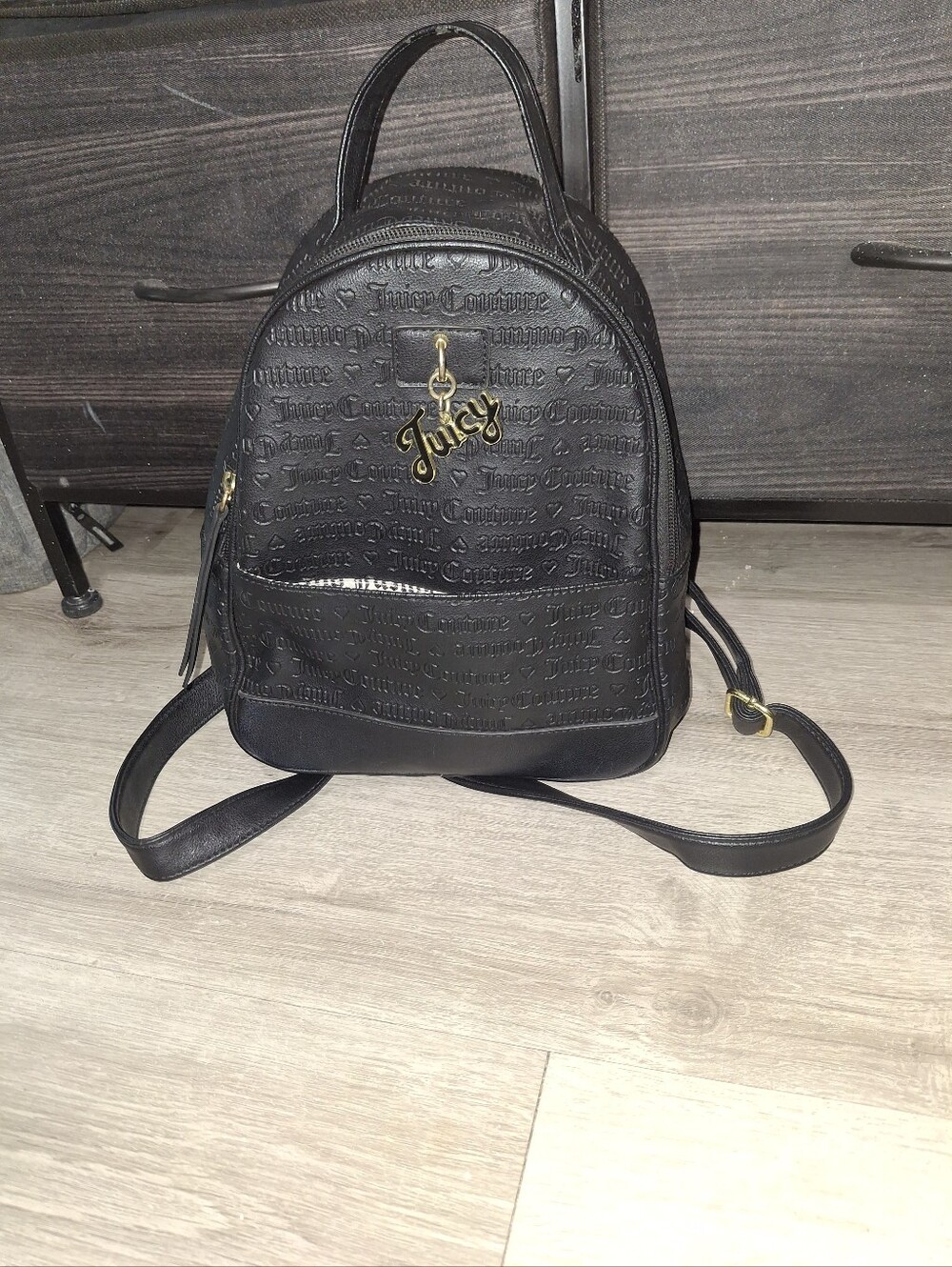 Juicy Couture Black Embossed Mini Backpack with Gold Charm